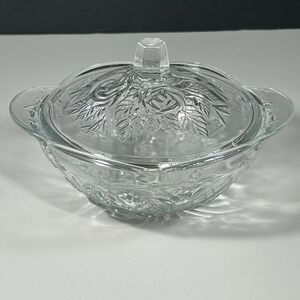 VINTAGE ROSES PATTERN PRESSED  GLASS CANDY DISH JAR WITH LID 5 1/2" DIAMETER